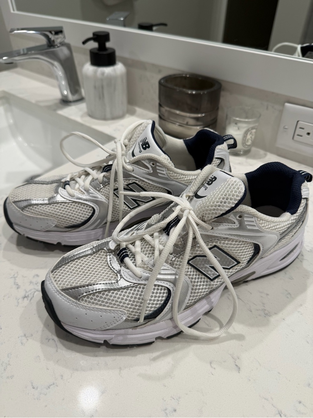 New Balance White and Navy Athletic Sneakers